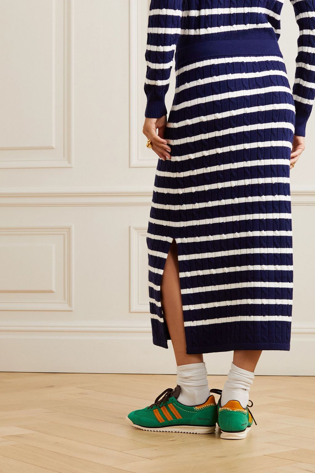 POLO RALPH LAUREN تنورة متوسّطة الطول من مزيج الصوف بحبكة مجدولة وطبعة خطوط