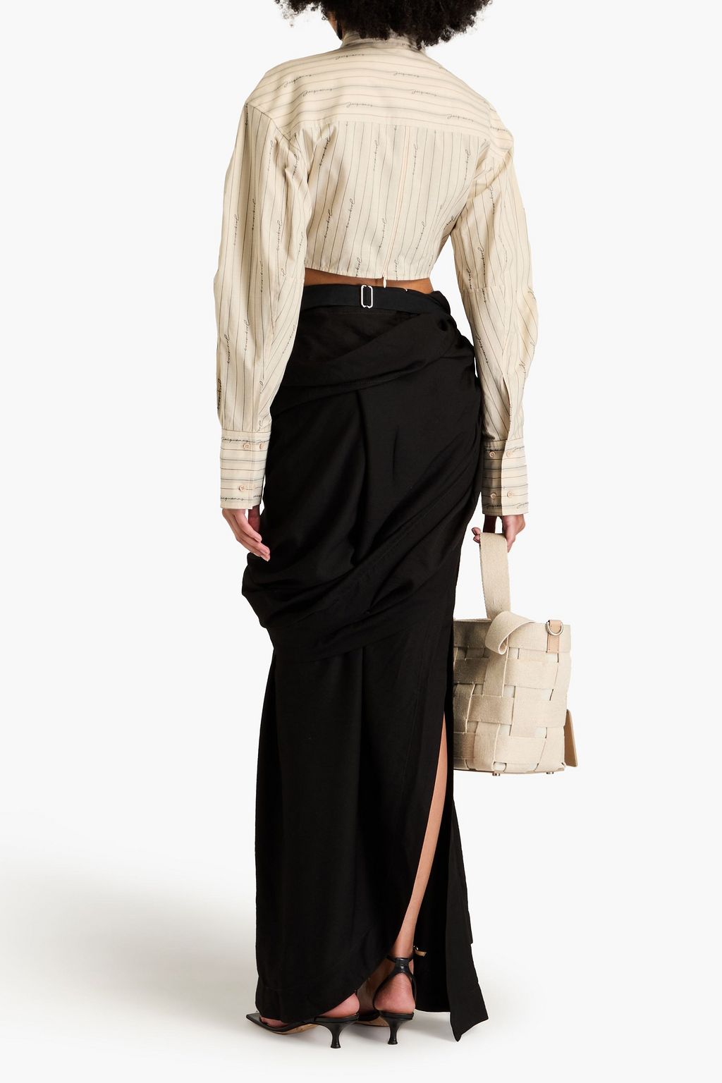 JACQUEMUS Cropped embellished striped cotton-jacquard shirt
