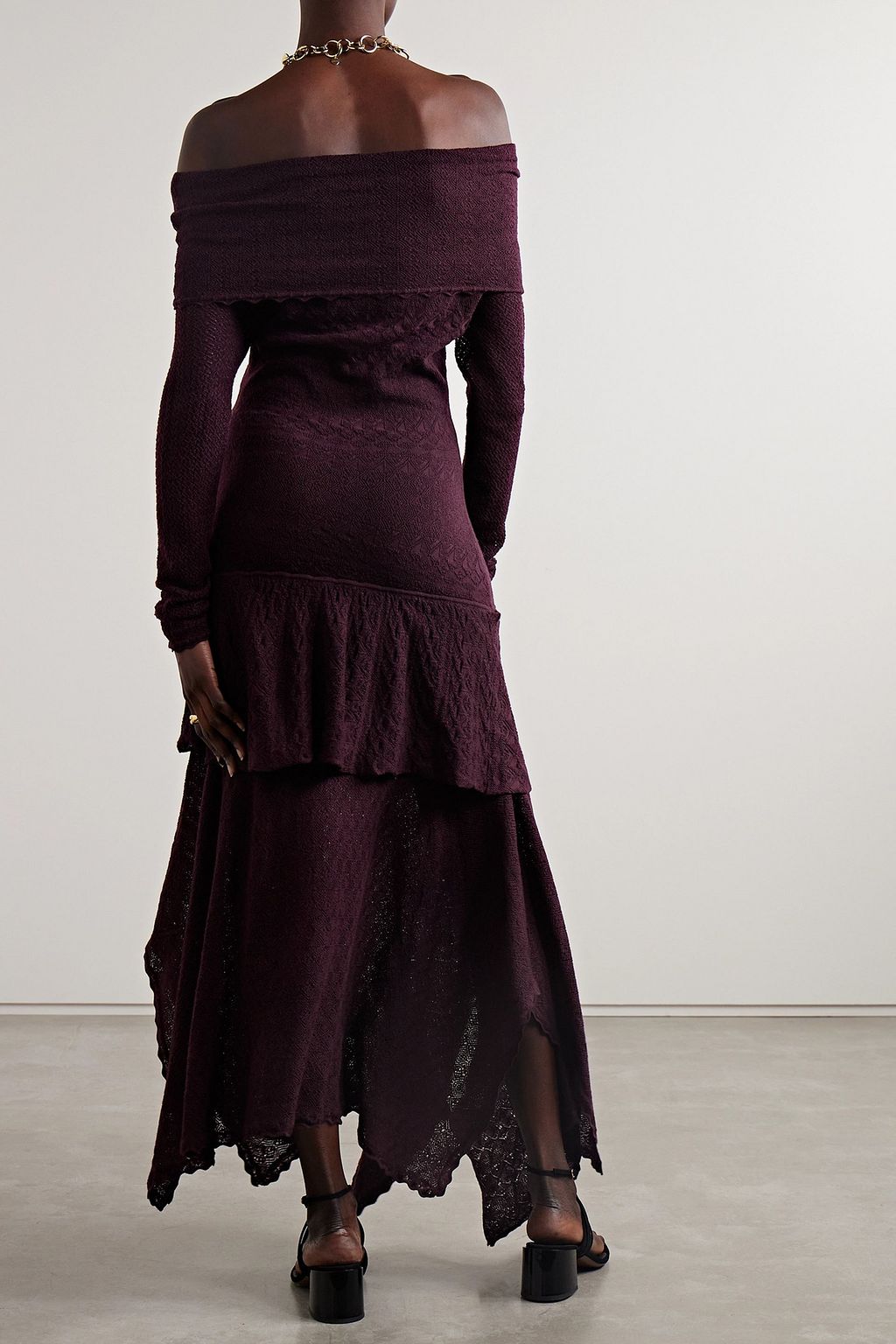 ULLA JOHNSON Ambrosia off-the-shoulder tiered pointelle-knit wool maxi dress