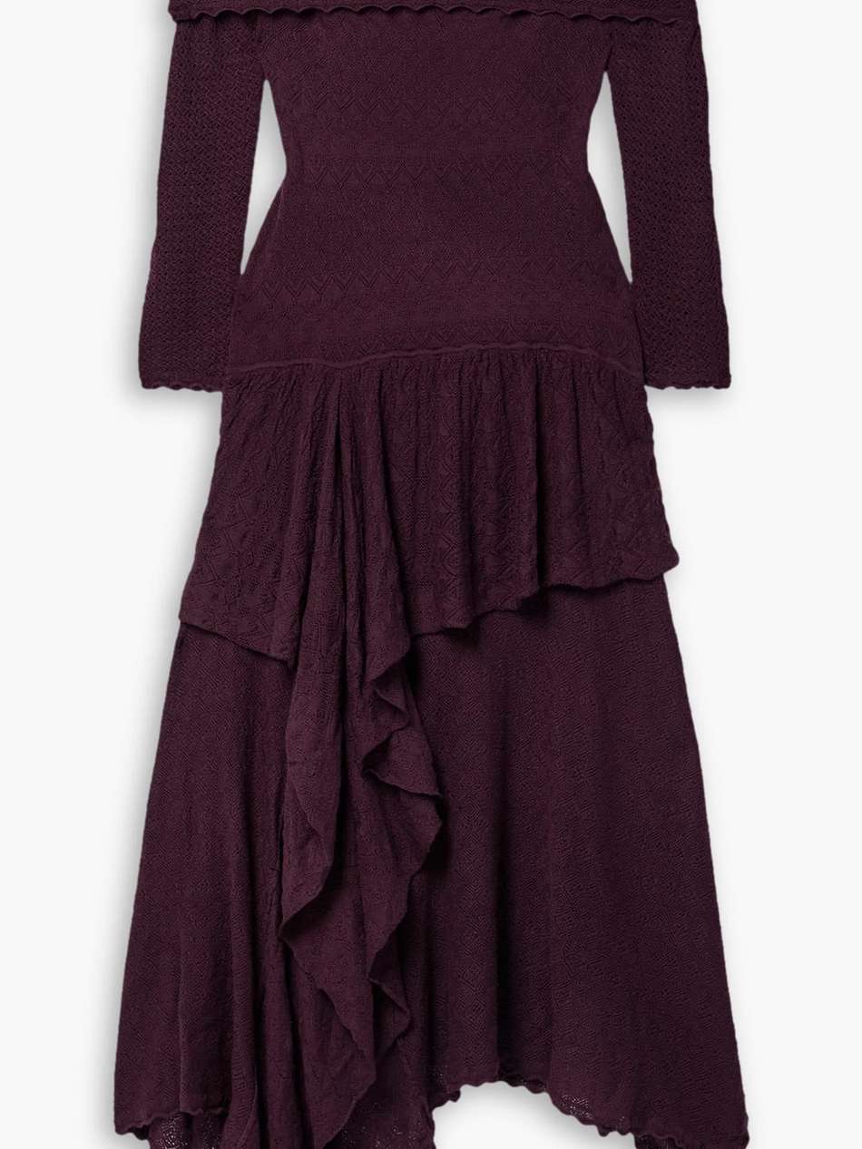 ambrosia off-the-shoulder tiered pointelle-knit wool maxi dress