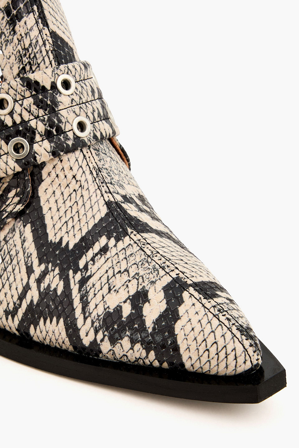 Ganni Snake Printed Chunky Buckle Open Cut Boots In Animal Print