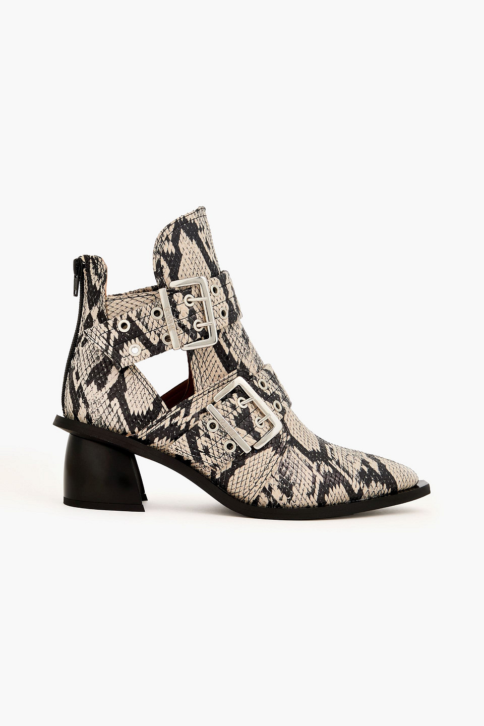 Ganni Snake Printed Chunky Buckle Open Cut Boots In Animal Print