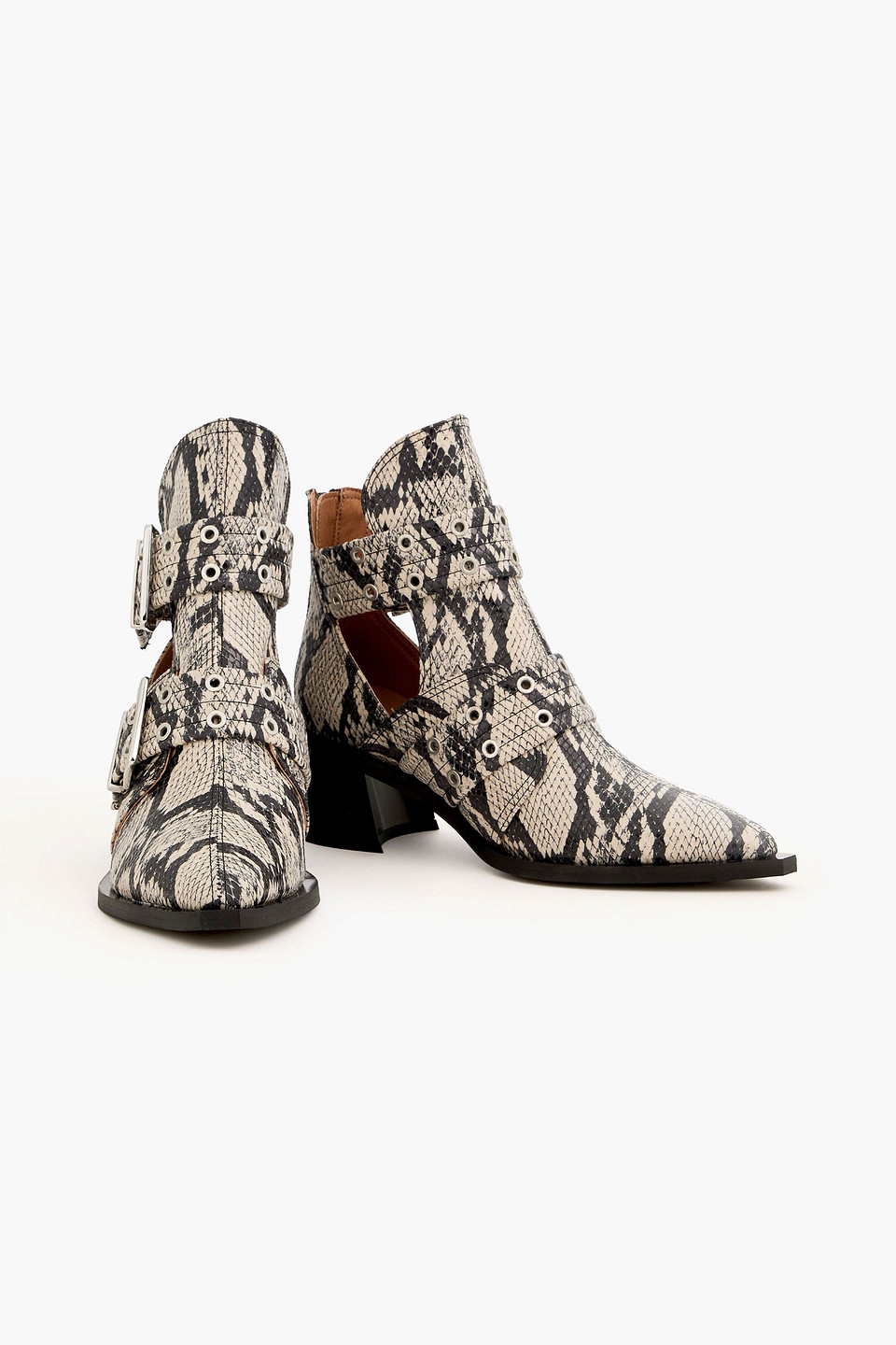 Ganni Snake Printed Chunky Buckle Open Cut Boots In Animal Print