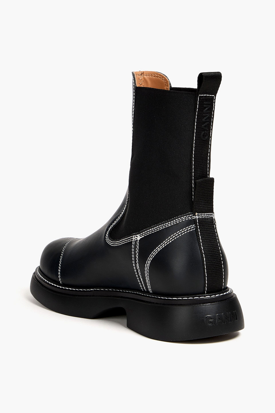 Ganni Topstitched Leather Chelsea Boots In Black