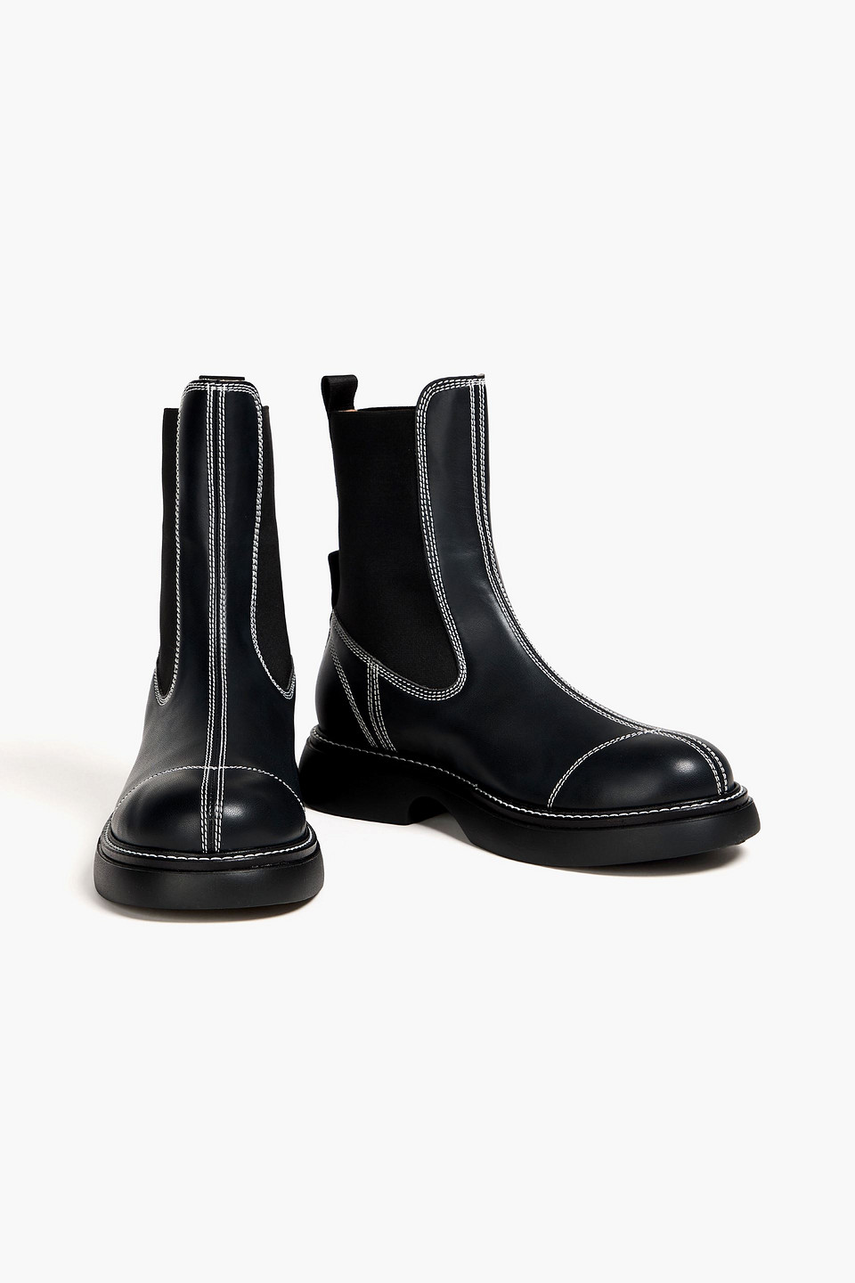Ganni Topstitched Leather Chelsea Boots In Black