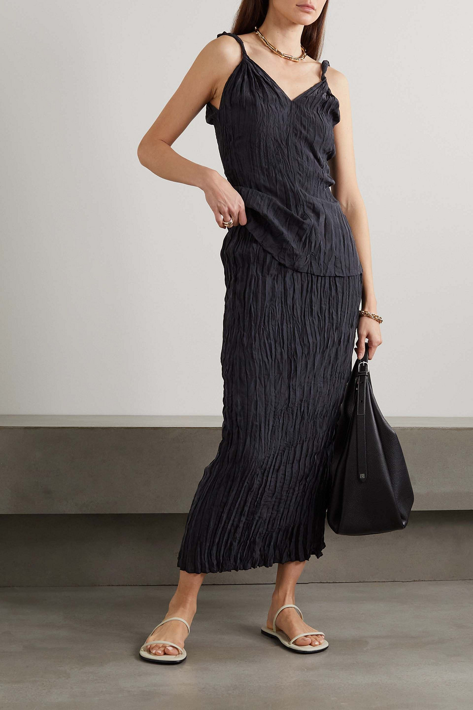 Totême Crinkled Silk-twill Midi Skirt In Black