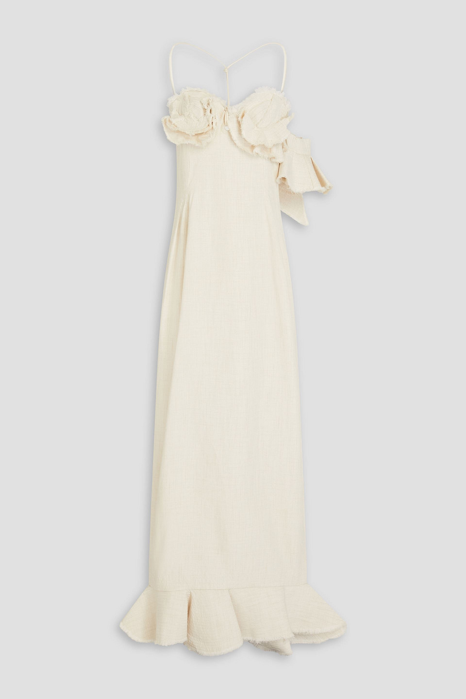 Jacquemus Artichaut Ruffled Frayed Linen-blend Maxi Dress In Ecru