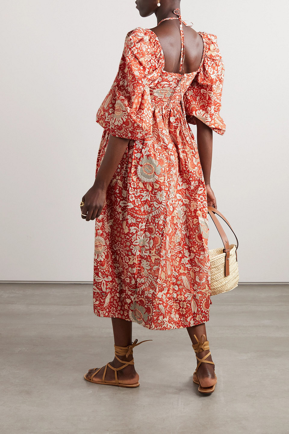 ULLA JOHNSON ALESSA CUTOUT RUCHED FLORAL-PRINT COTTON-POPLIN MIDI DRESS