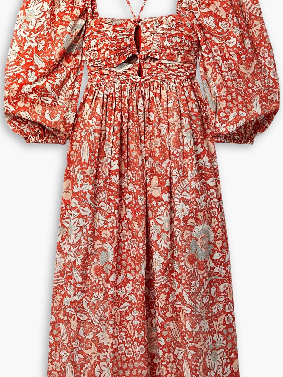 alessa cutout ruched floral-print cotton-poplin midi dress