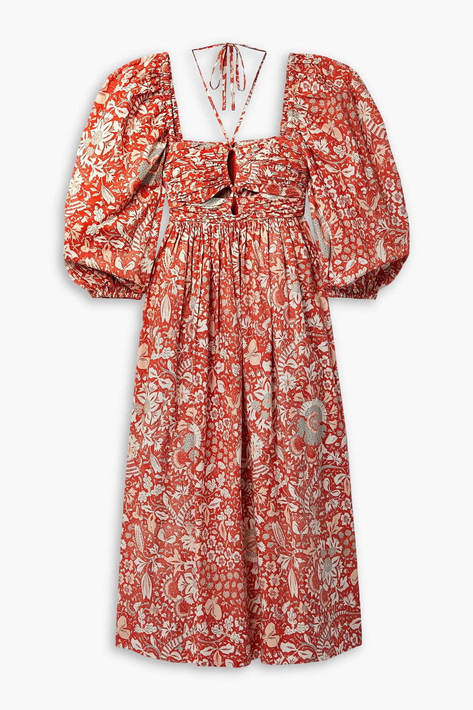 ULLA JOHNSON ALESSA CUTOUT RUCHED FLORAL-PRINT COTTON-POPLIN MIDI DRESS