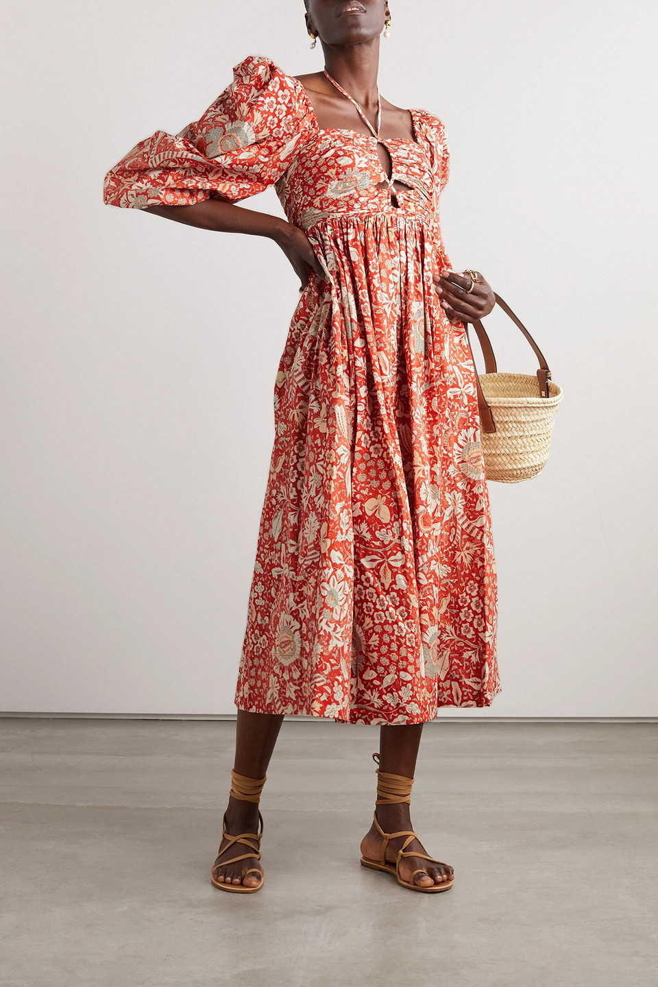ULLA JOHNSON ALESSA CUTOUT RUCHED FLORAL-PRINT COTTON-POPLIN MIDI DRESS