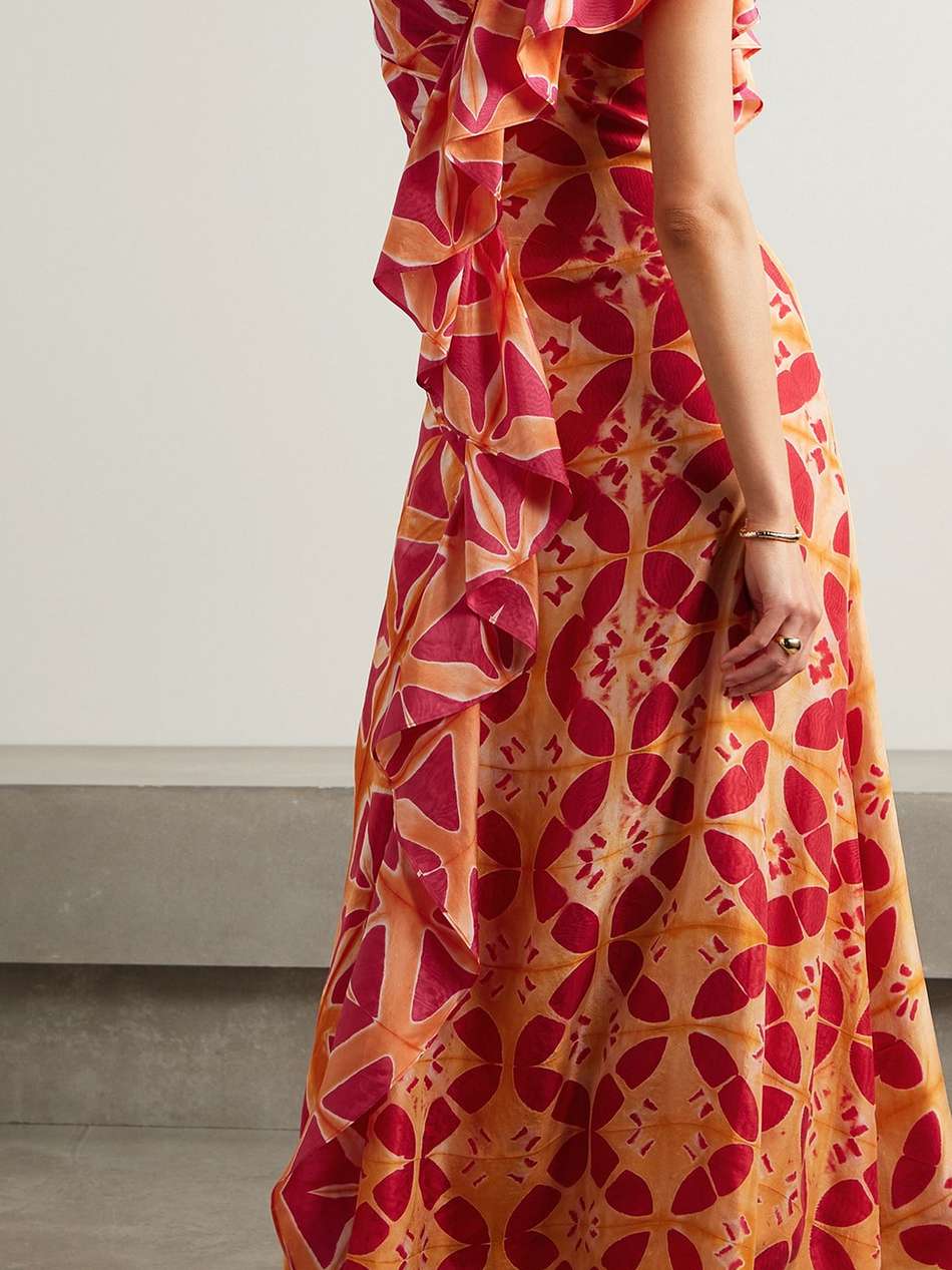 lali ruched ruffled printed silk maxi dress