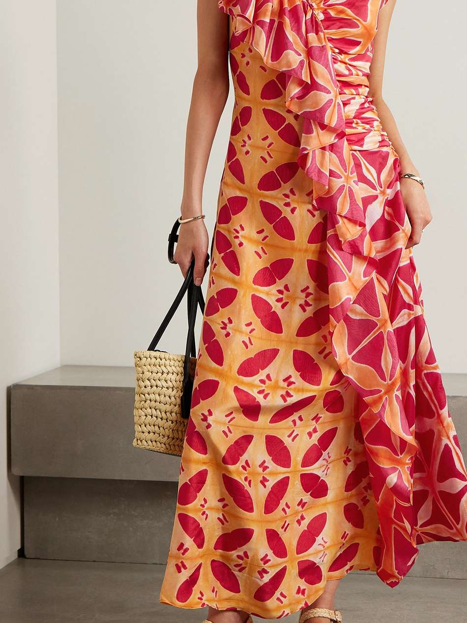 lali ruched ruffled printed silk maxi dress