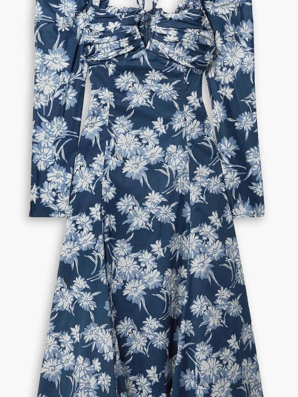 bloom gathered floral-print cotton midi dress