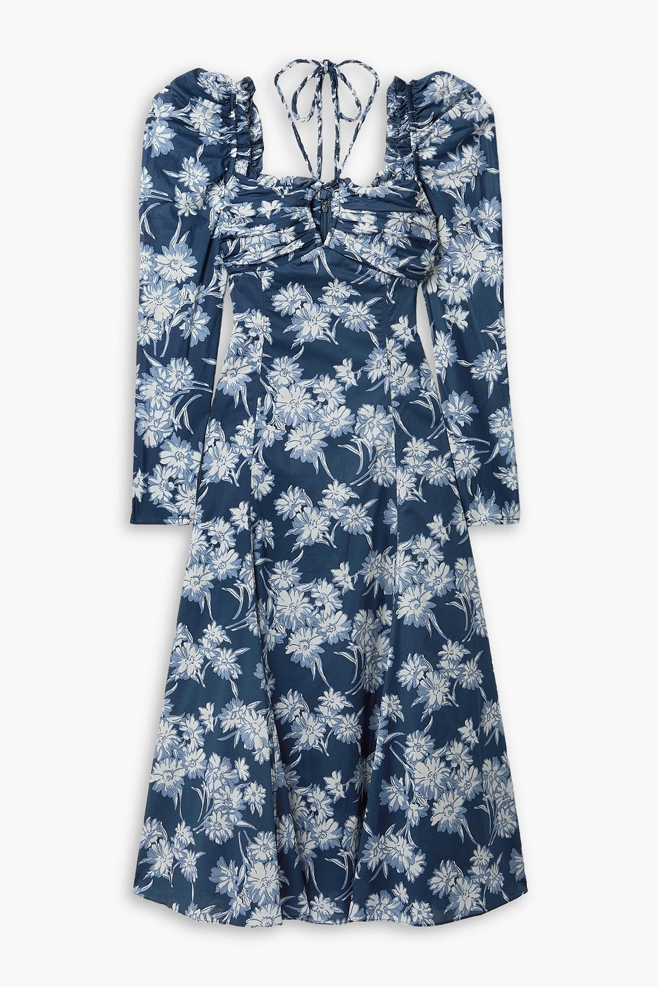 Polo Ralph Lauren Bloom Gathered Floral-print Cotton Midi Dress In Navy
