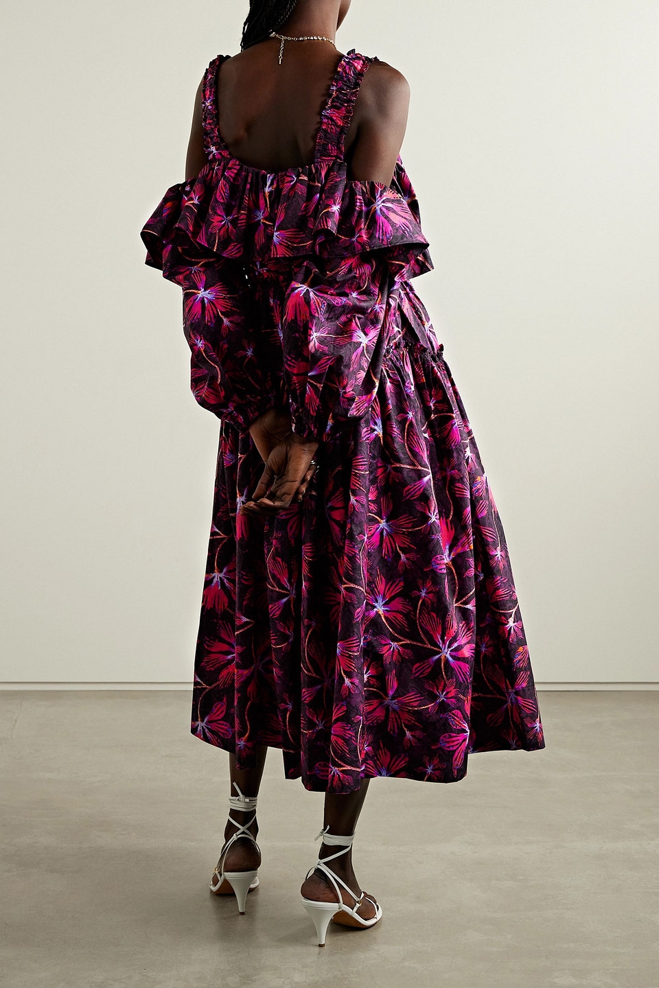 Shop Ulla Johnson Cold-shoulder Ruffled Floral-print Cotton-poplin Midi Dress In Fuchsia