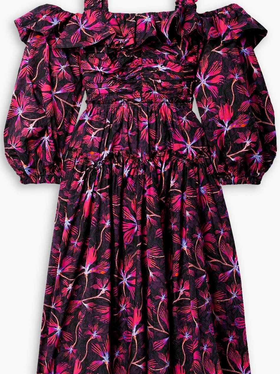 caprice cold-shoulder ruffled floral-print cotton-poplin midi dress