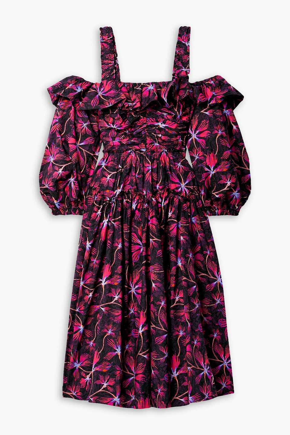 Shop Ulla Johnson Cold-shoulder Ruffled Floral-print Cotton-poplin Midi Dress In Fuchsia