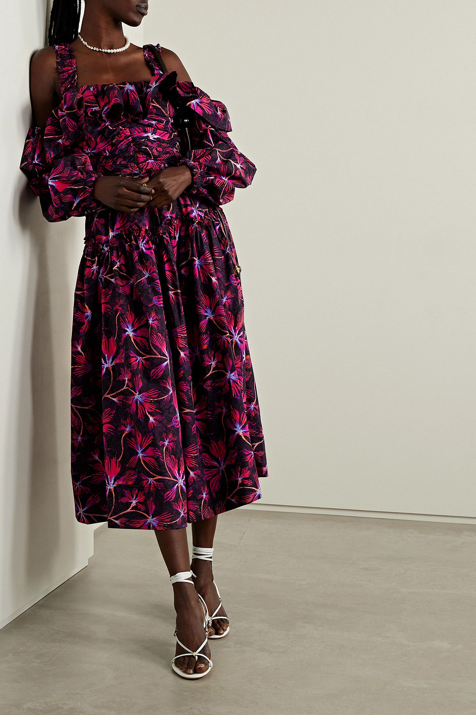 Shop Ulla Johnson Cold-shoulder Ruffled Floral-print Cotton-poplin Midi Dress In Fuchsia