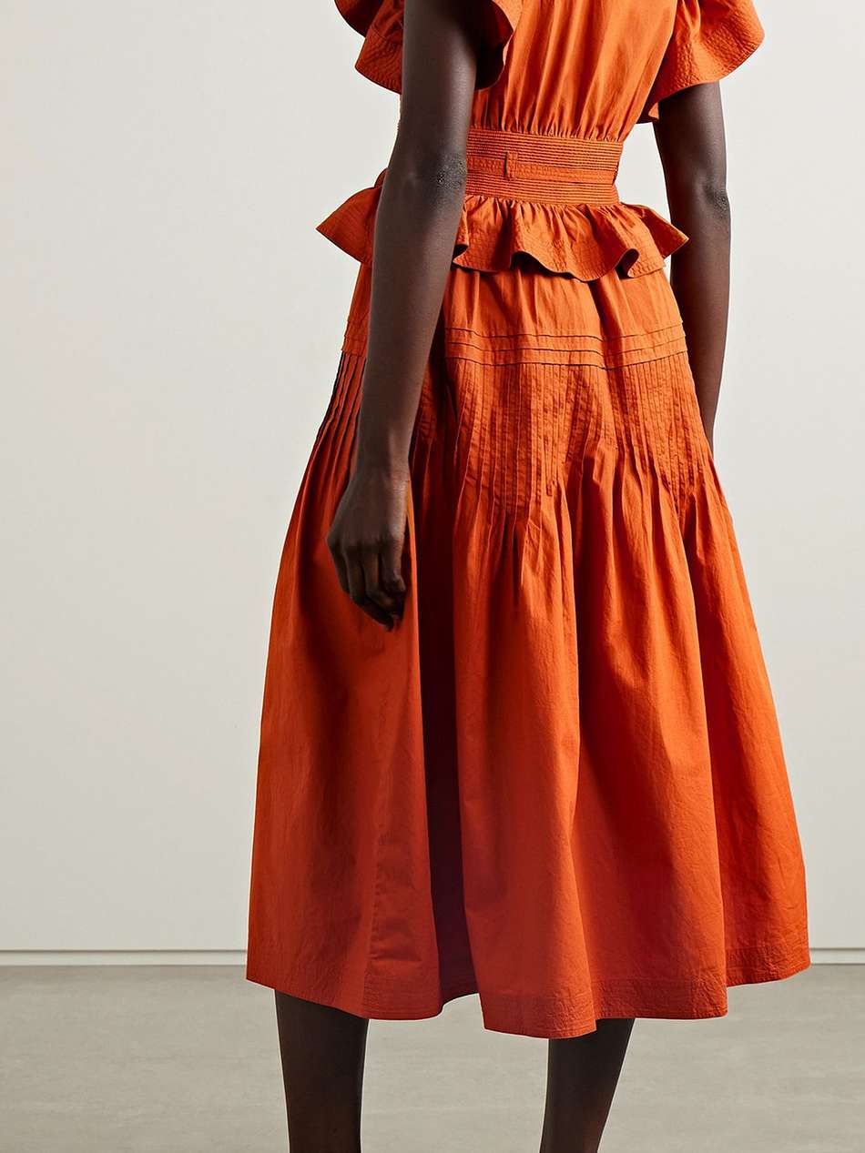 florence belted ruffled pintucked cotton-poplin midi dress