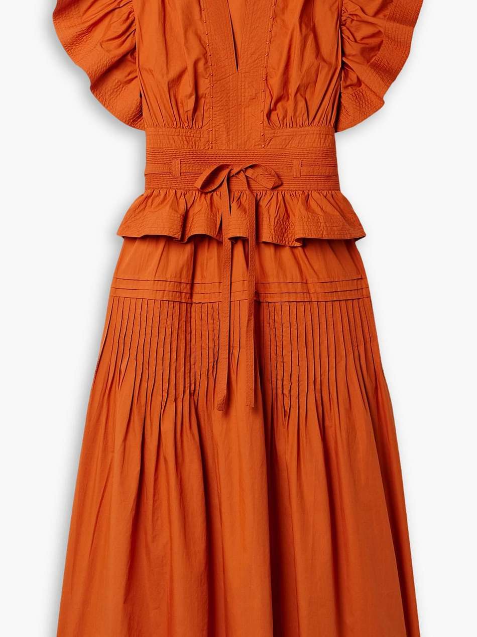 florence belted ruffled pintucked cotton-poplin midi dress