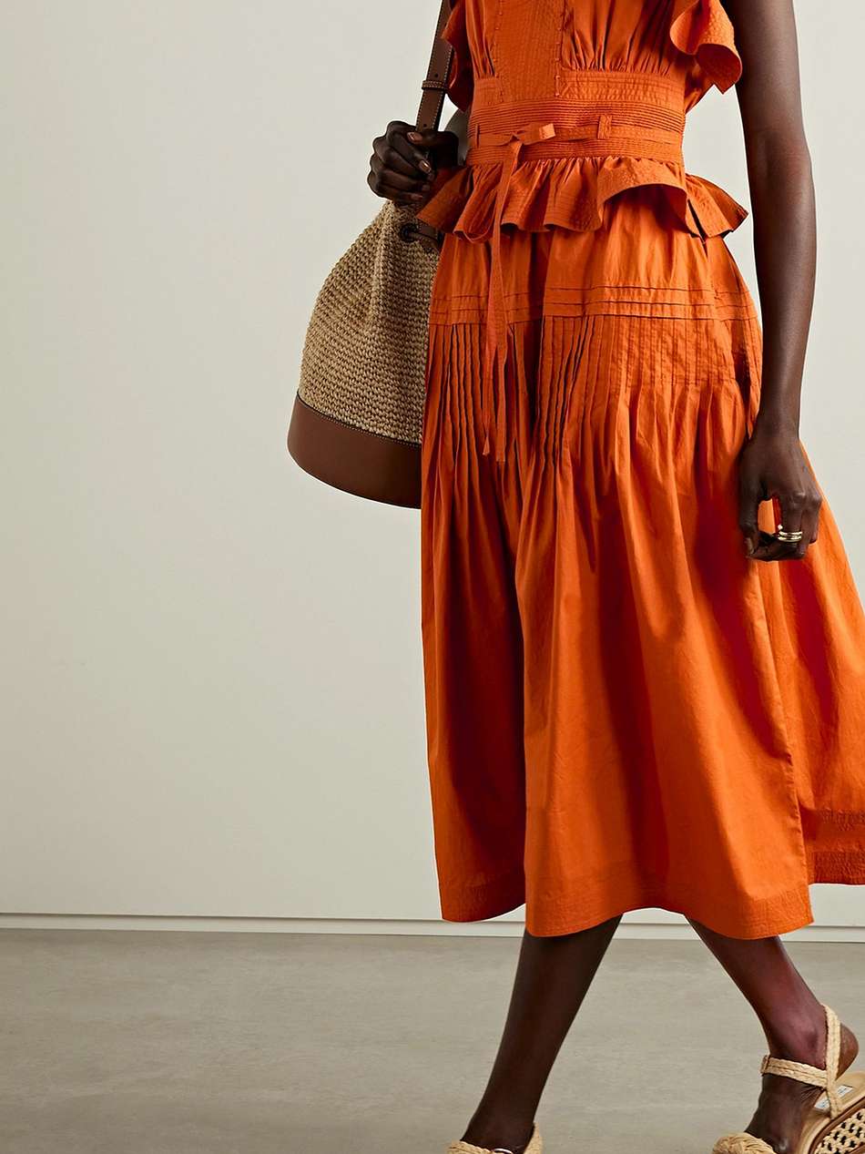 florence belted ruffled pintucked cotton-poplin midi dress