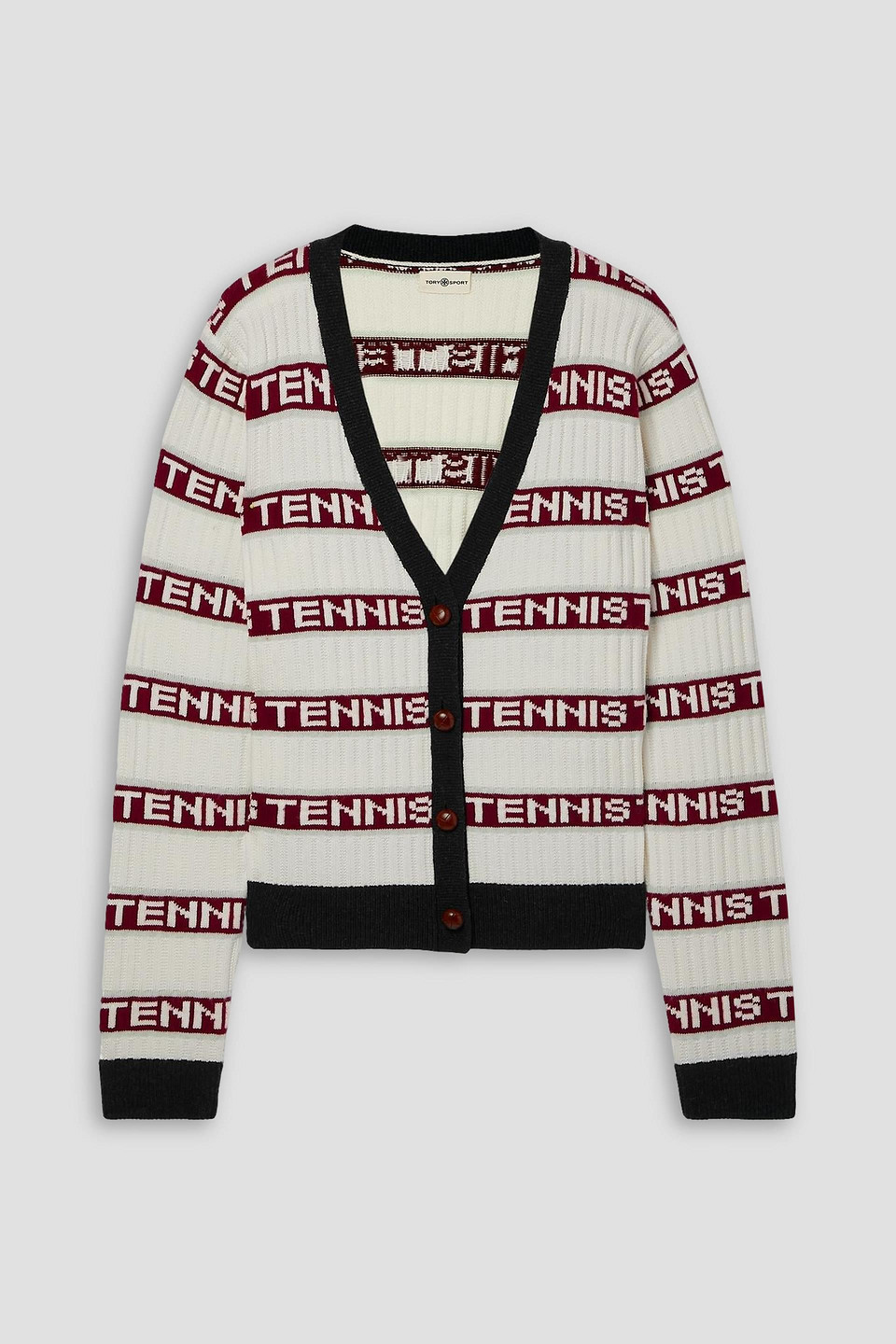 Tory Sport Ribbed Wool-blend Jacquard-knit Cardigan In White