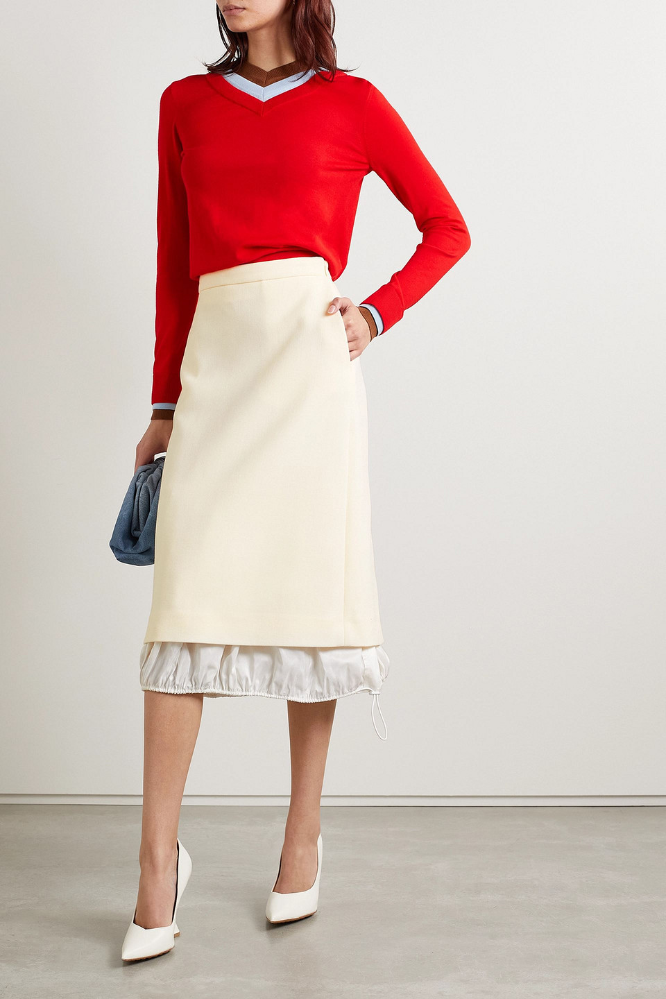 TORY BURCH SILK-TRIMMED WOOL MIDI SKIRT