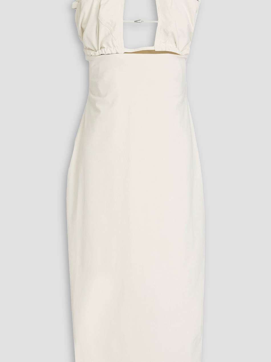 strapless ruffled cutout twill midi dress