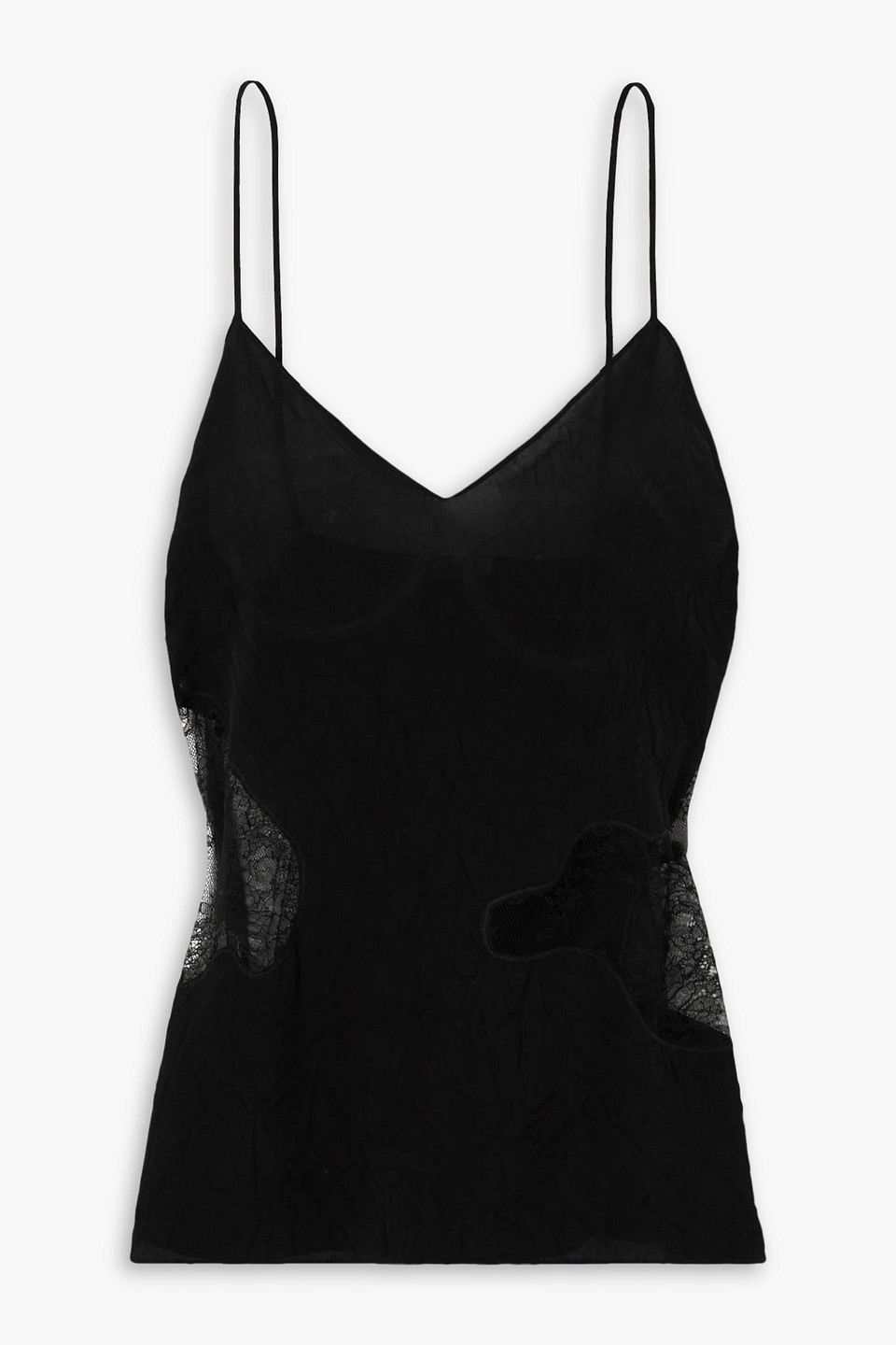 Lace-trimmed crinkled crepe de chine camisole