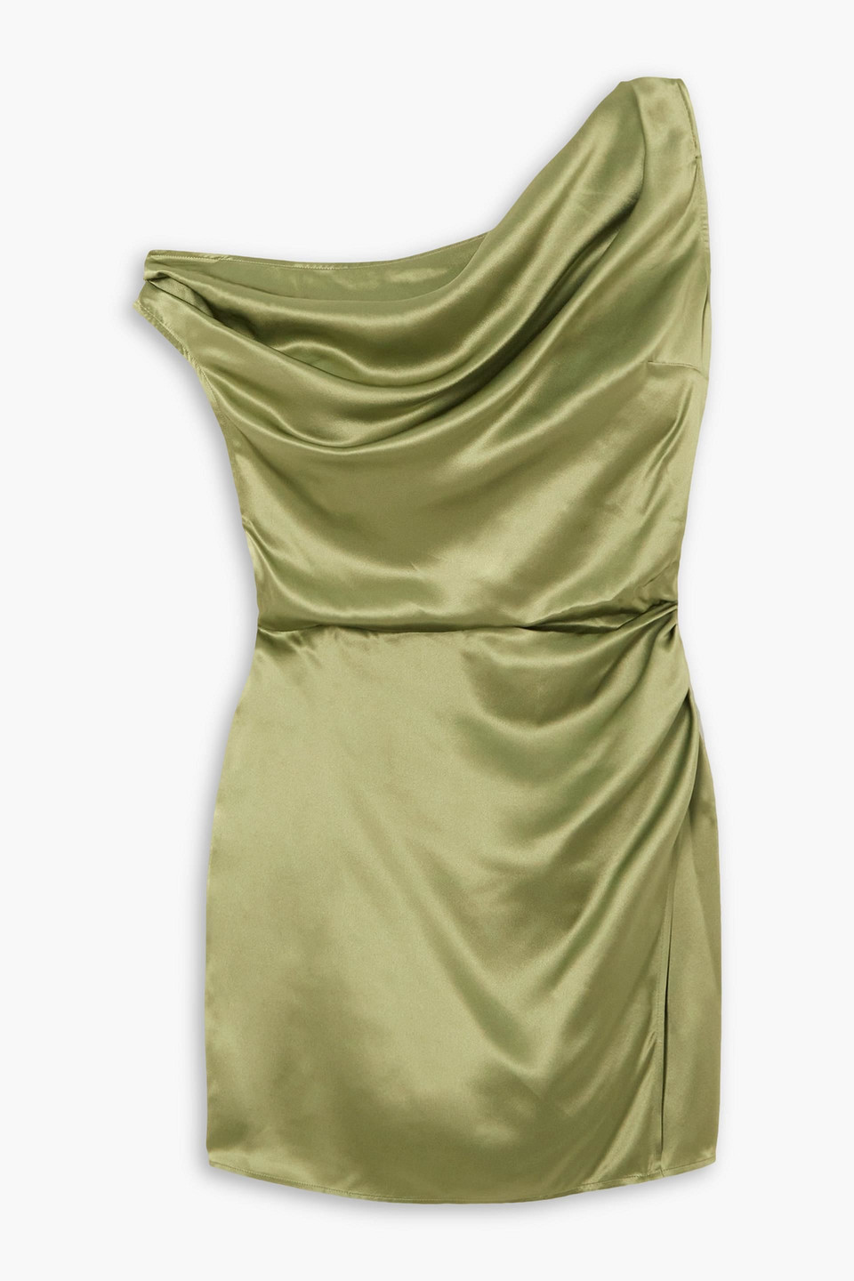 Reformation Alanis One-shoulder Draped Wrap-effect Silk Mini Dress In Sage Green