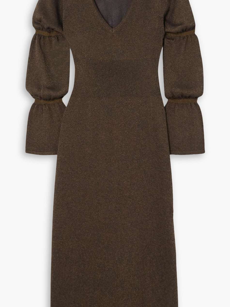demi metallic ribbed-knit midi dress