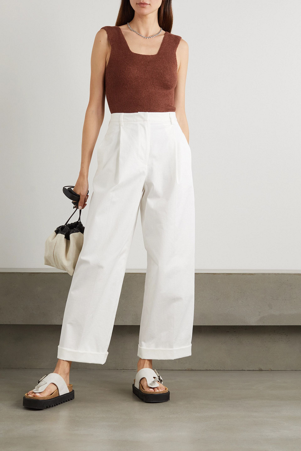 Joseph Ribbed-knit Linen-blend Tank In Brown