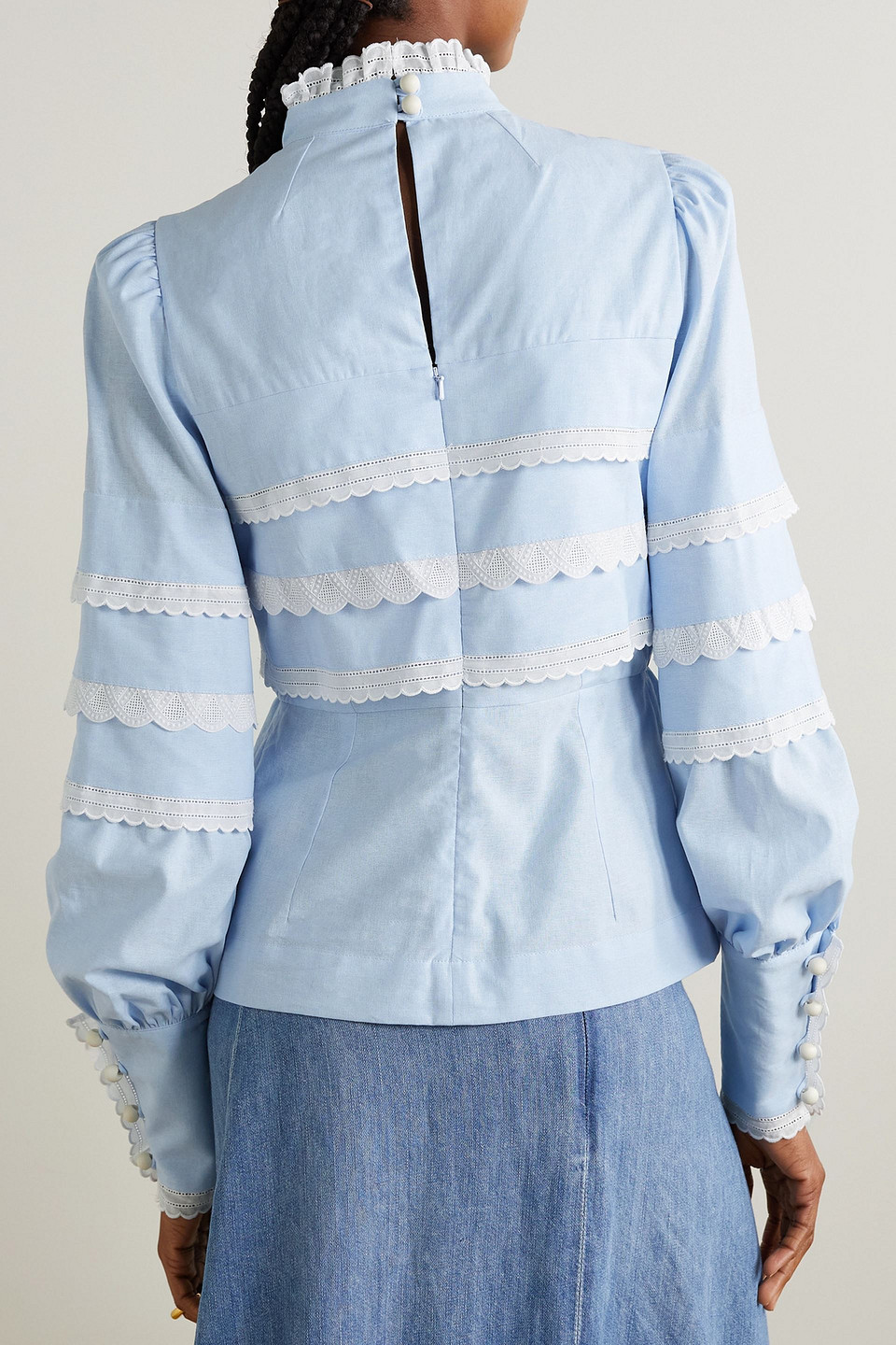 ANNA MASON MADEMOISELLE CECE BRODERIE ANGLAISE-TRIMMED COTTON-CHAMBRAY BLOUSE