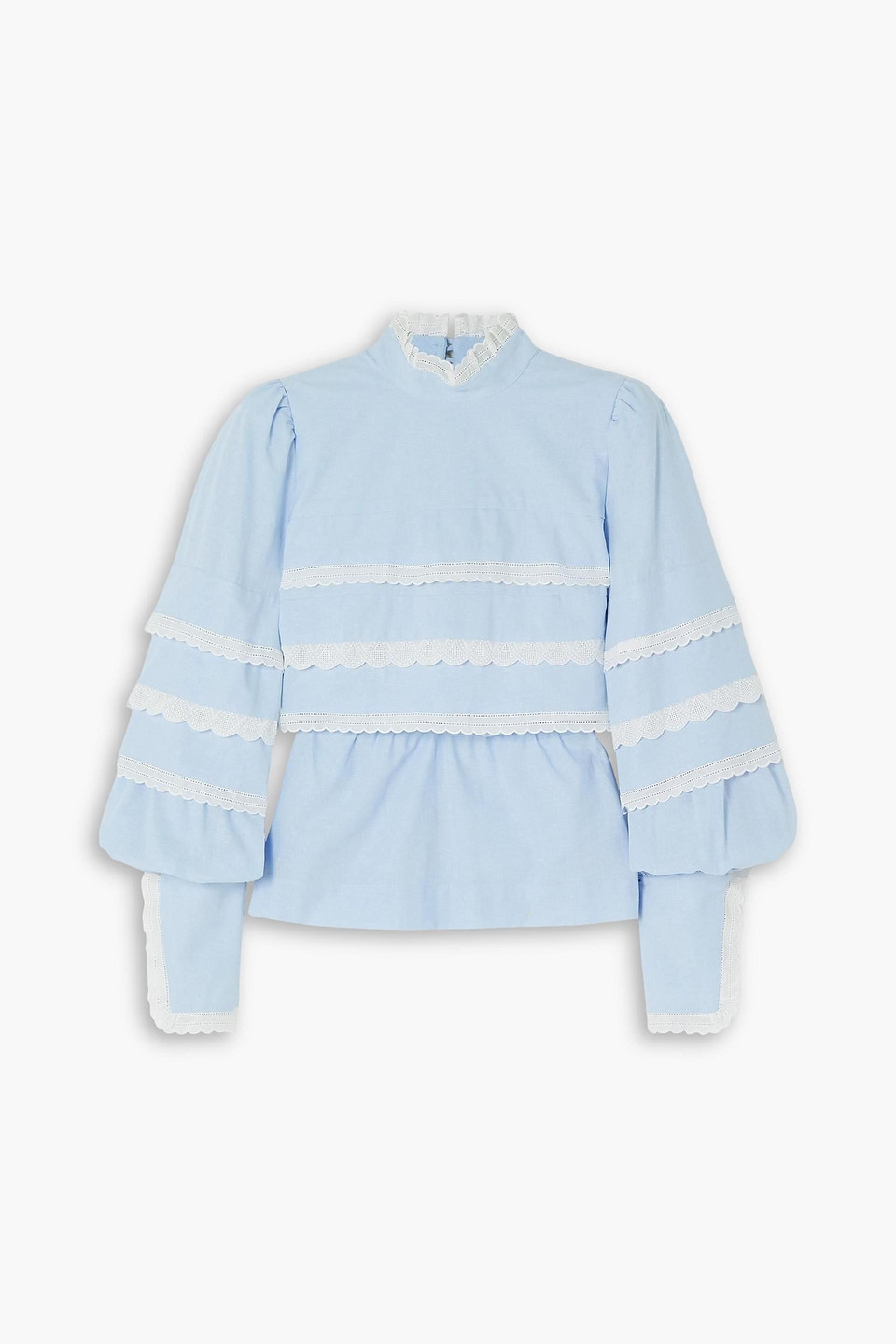 Mademoiselle Cece broderie anglaise-trimmed cotton-chambray blouse