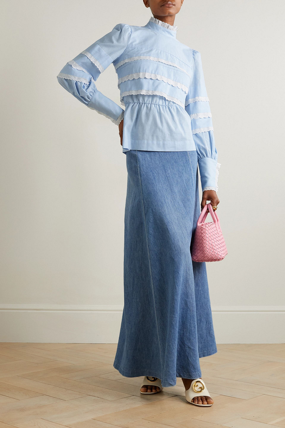 ANNA MASON MADEMOISELLE CECE BRODERIE ANGLAISE-TRIMMED COTTON-CHAMBRAY BLOUSE