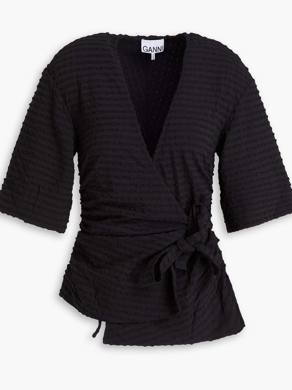 ruched stretch-seersucker wrap top