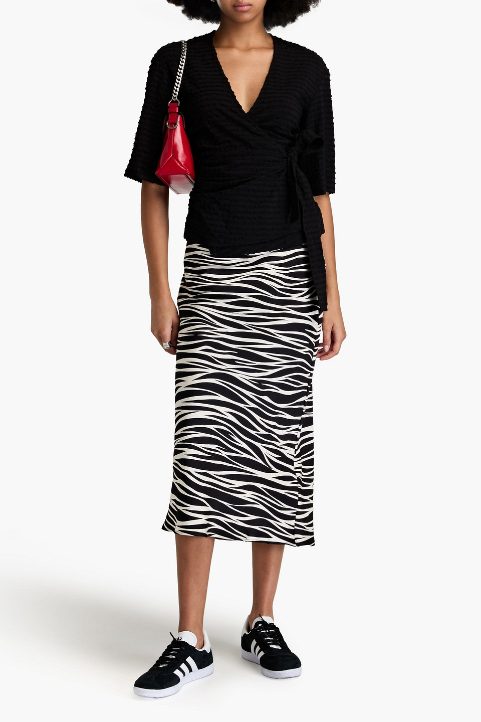 GANNI RUCHED STRETCH-SEERSUCKER WRAP TOP