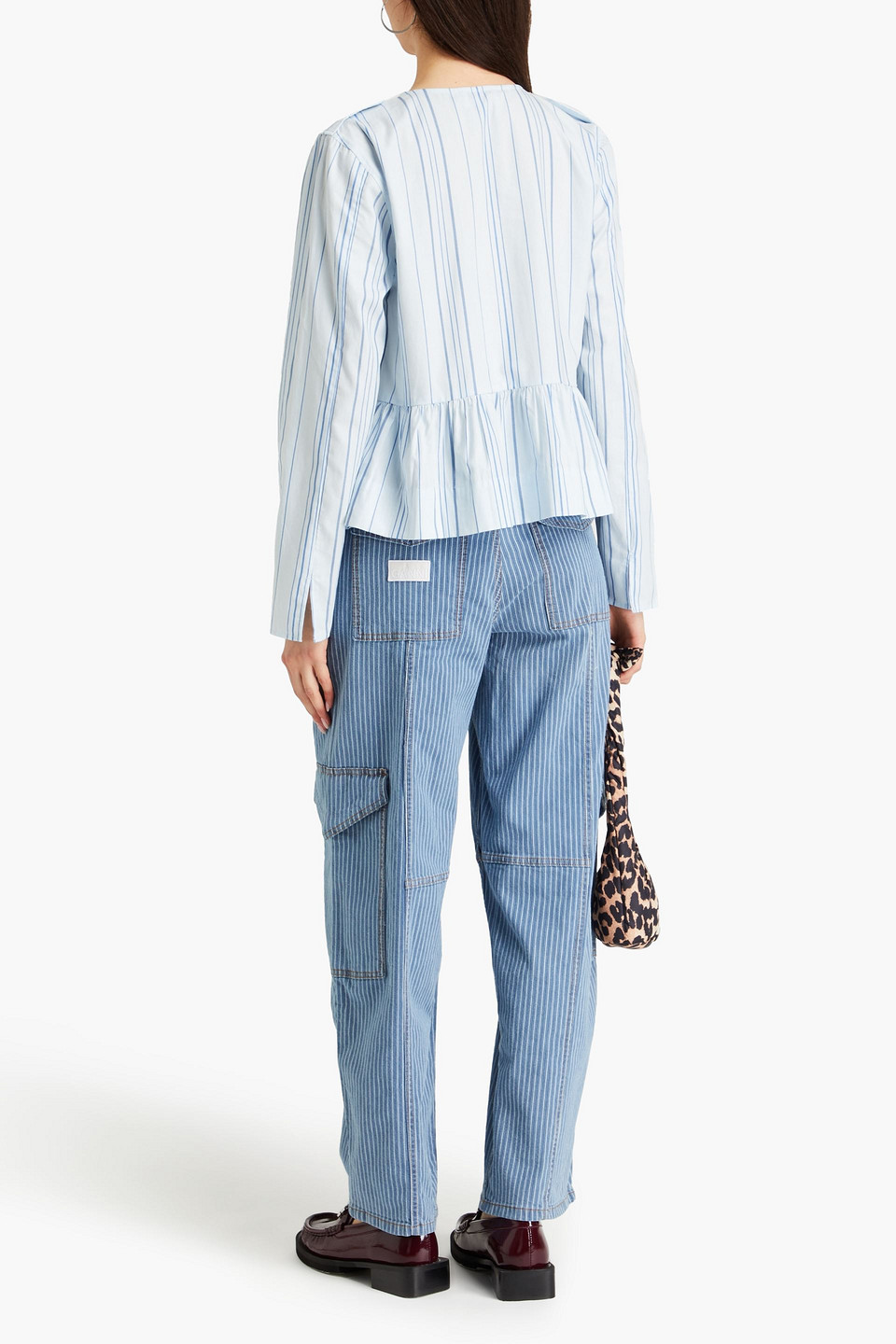 GANNI TIE-FRONT STRIPED COTTON-JACQUARD TOP