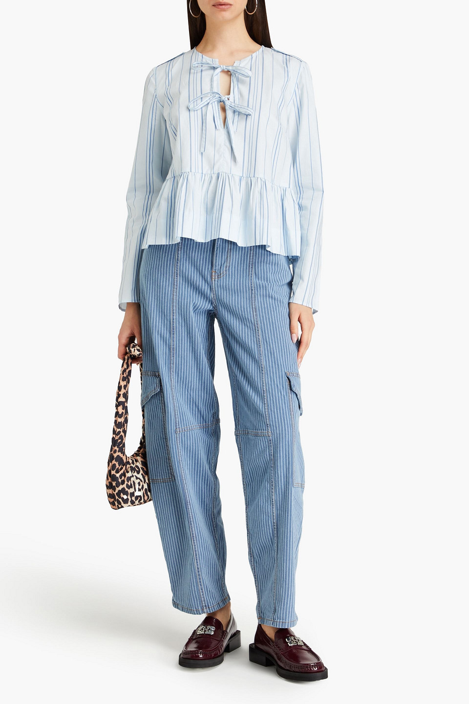 GANNI TIE-FRONT STRIPED COTTON-JACQUARD TOP