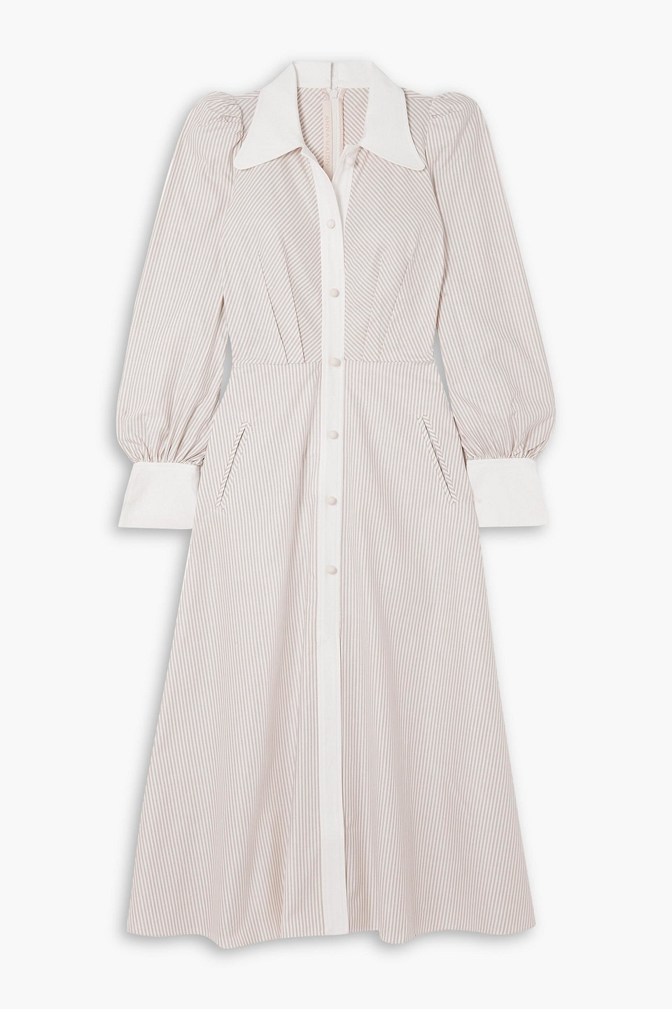 Anna Mason Pleated Striped Cotton Oxford Midi Dress In Beige