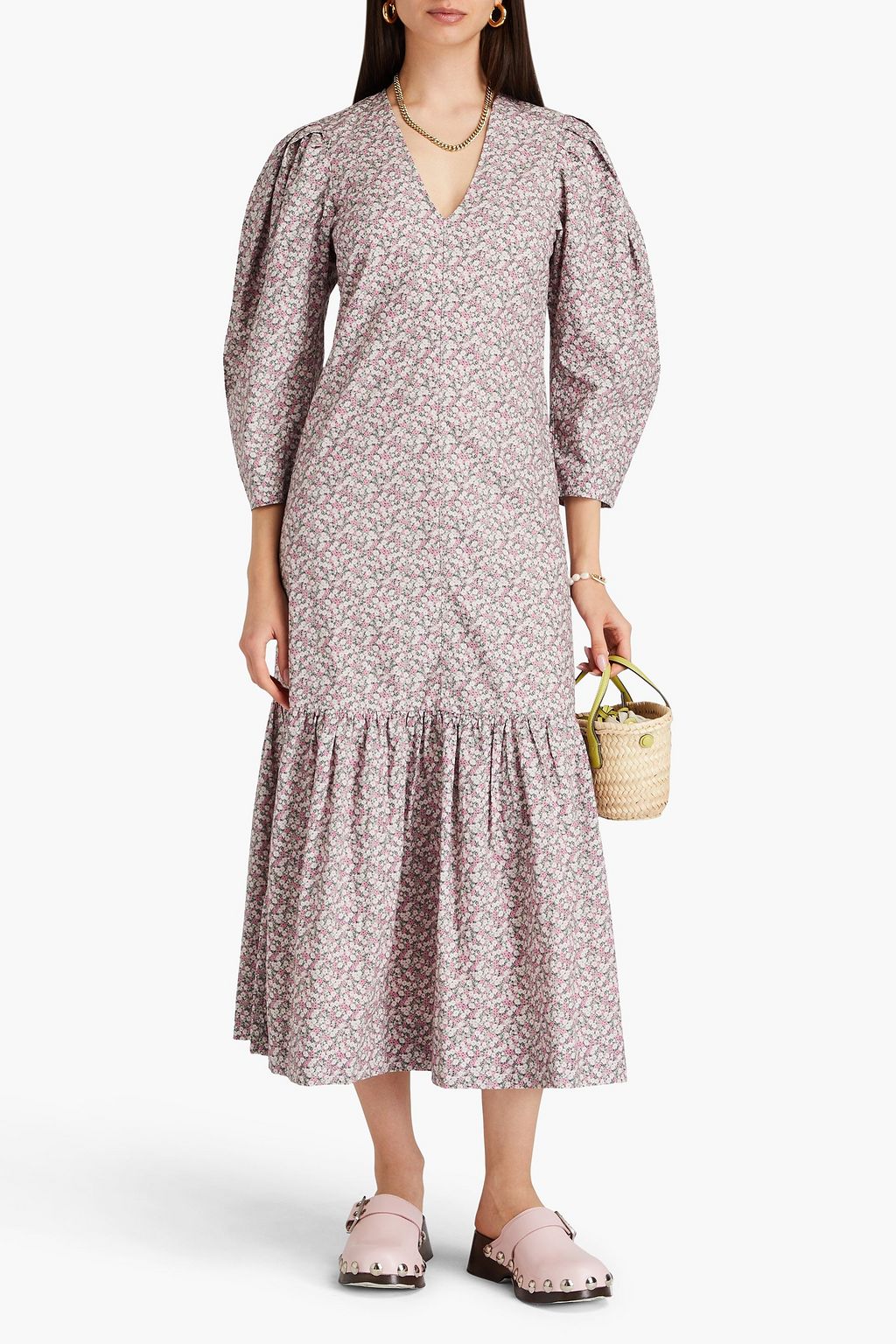 GANNI Gathered floral-print cotton-poplin midi dress