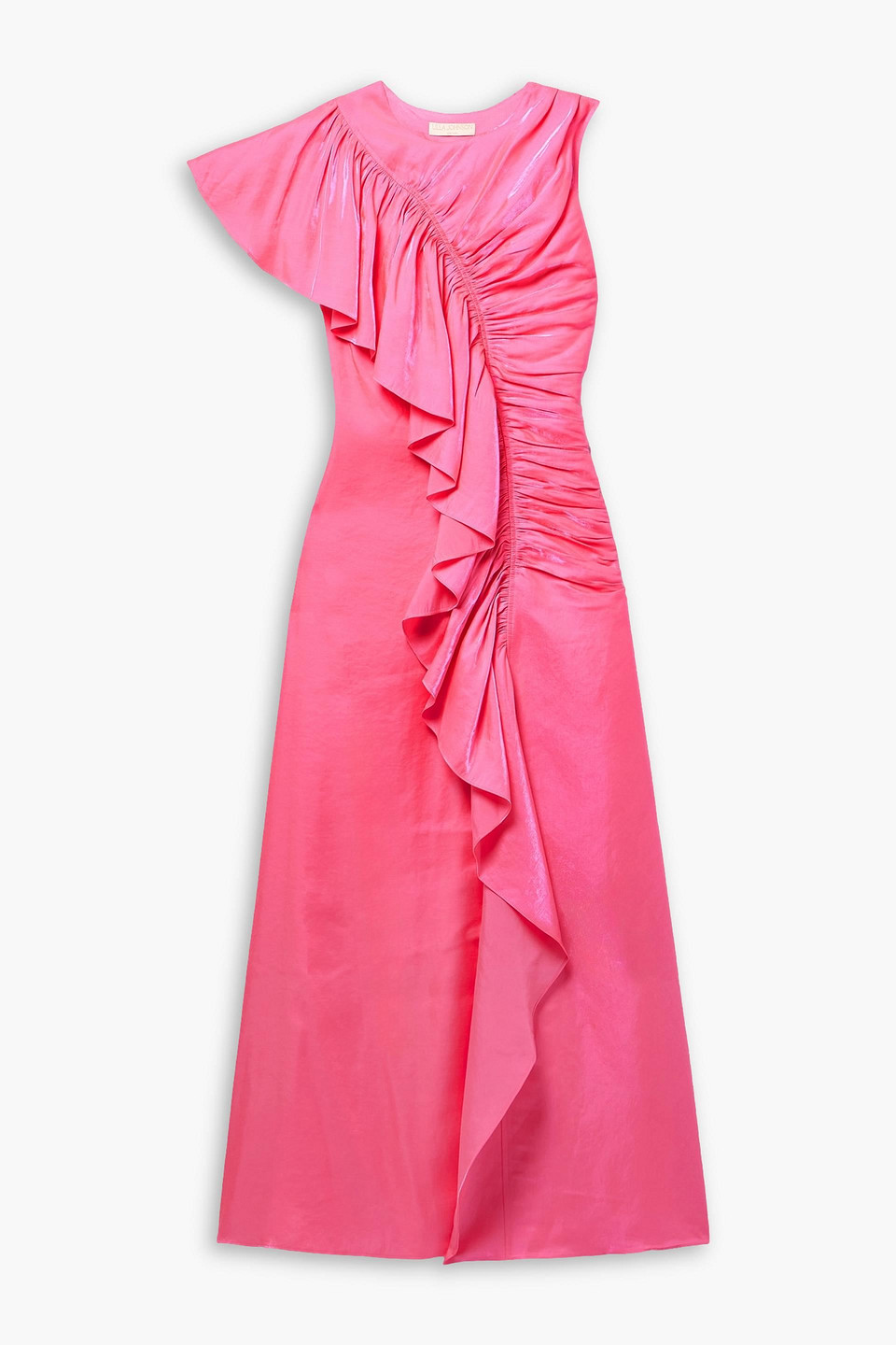 Ulla Johnson Lali Ruched Ruffled Metallic Chiffon Gown In Pink