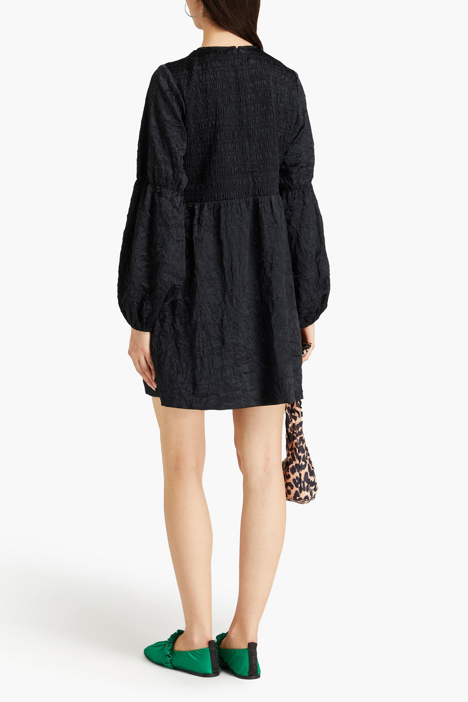 GANNI SHIRRED CRINKLED-SATIN MINI DRESS