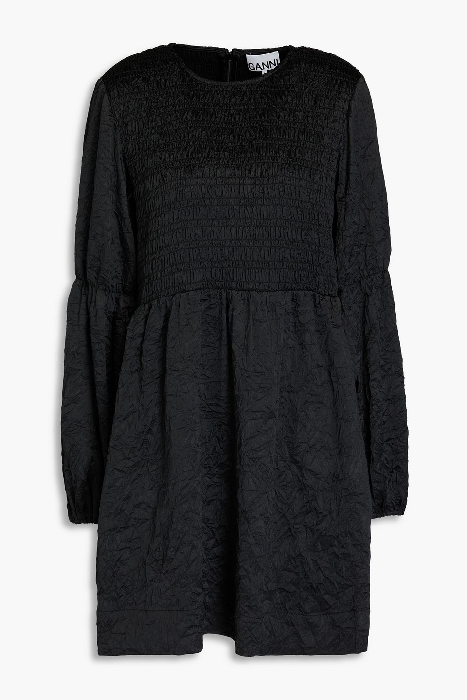 Ganni Shirred Crinkled-satin Mini Dress In Black