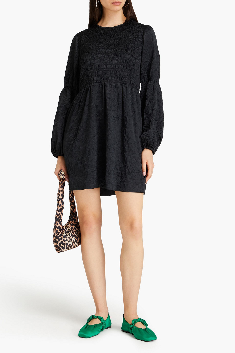 GANNI SHIRRED CRINKLED-SATIN MINI DRESS
