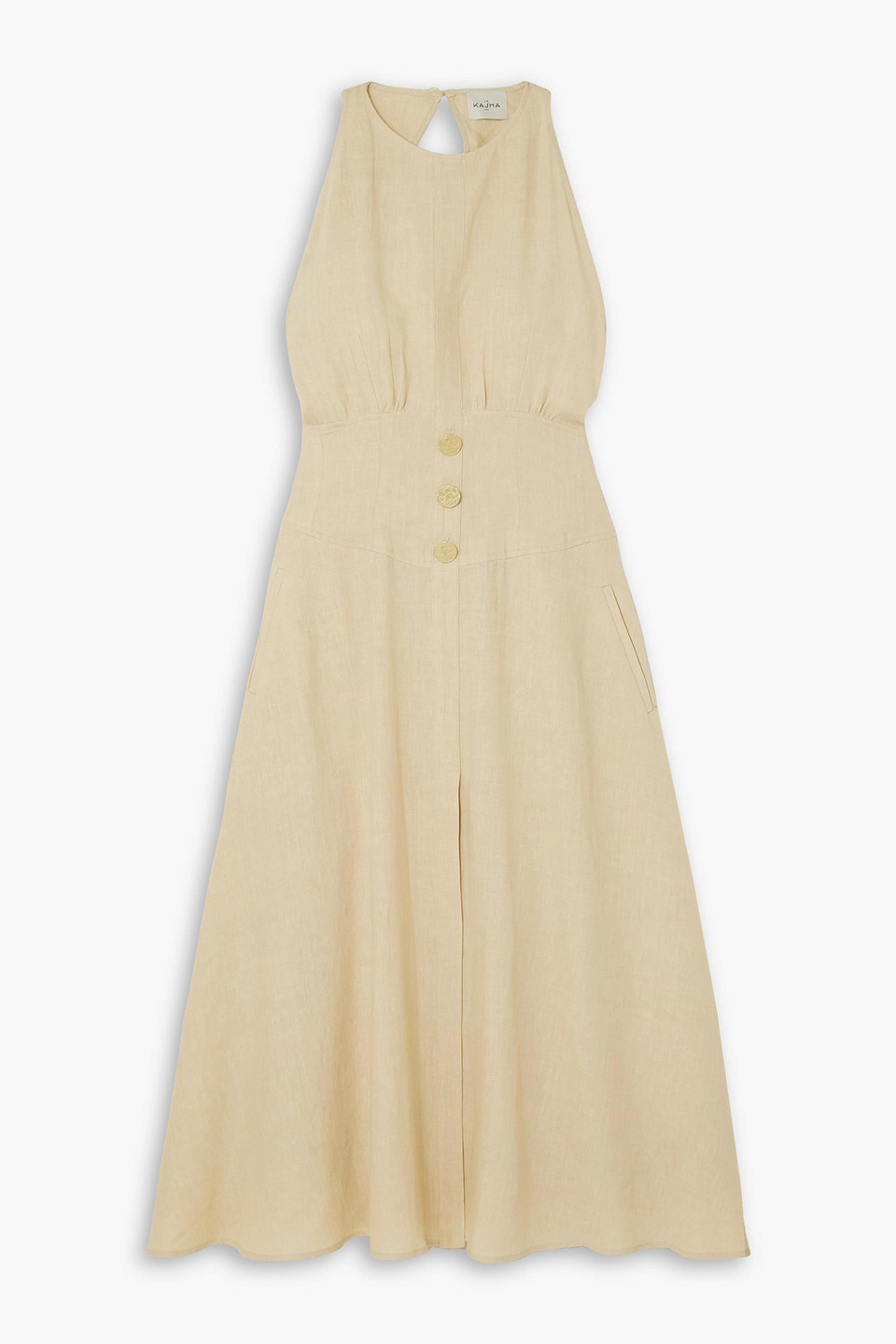 Le Kasha Jesma Open-back Button-embellished Organic Linen Midi Dress In Beige