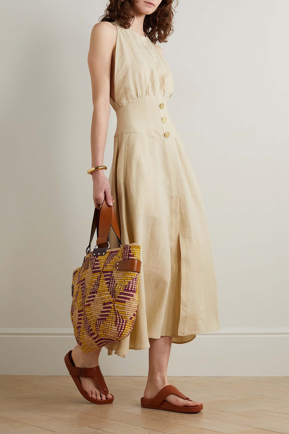 LE KASHA JESMA OPEN-BACK BUTTON-EMBELLISHED LINEN MIDI DRESS