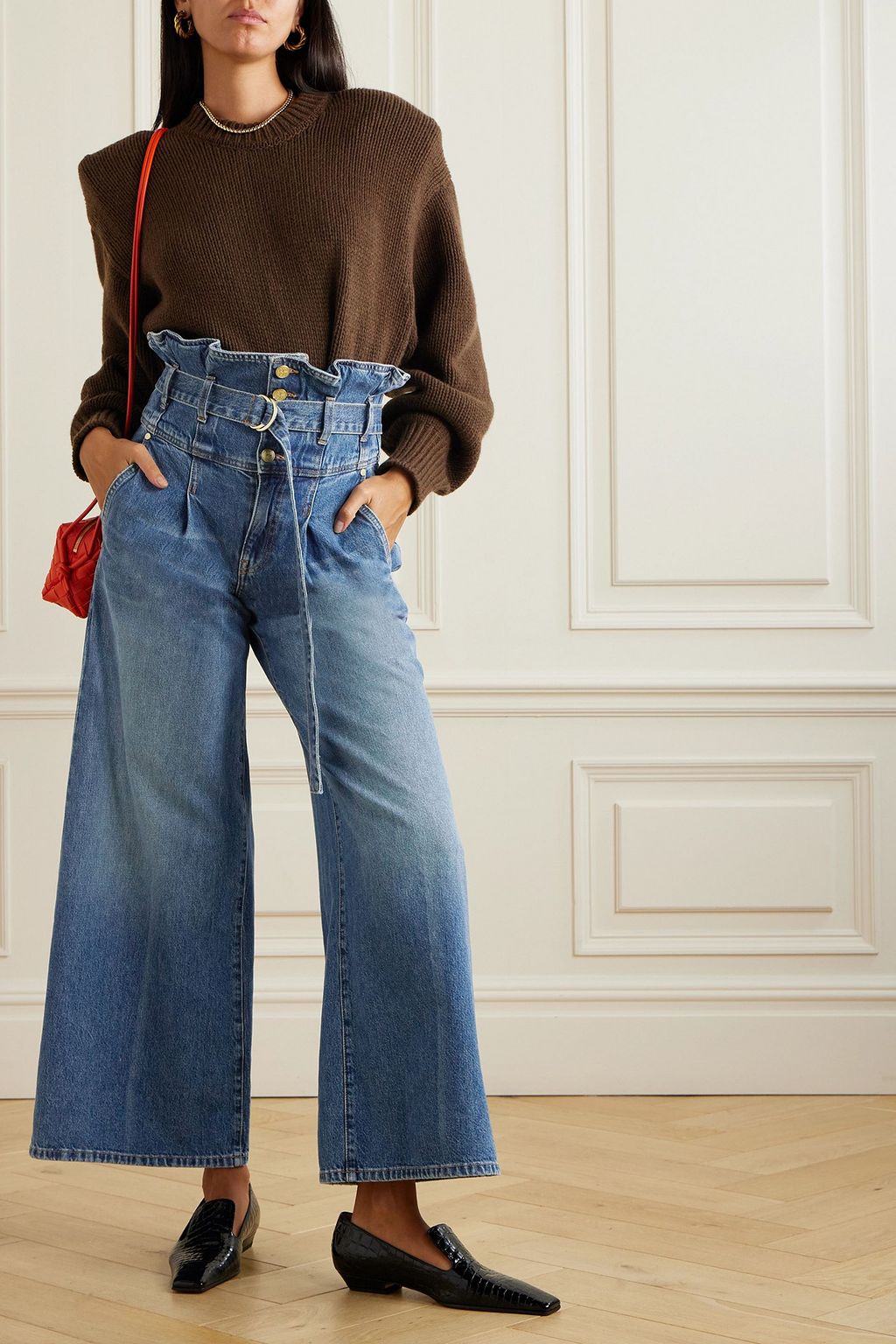 ULLA JOHNSON بنطال جينز The Sylvan واسع الساقين بخصر عالٍ مع حزام