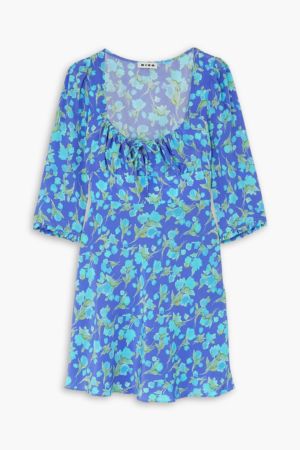 Shop Rixo London Ruffled Floral-print Silk Crepe De Chine Mini Dress In Azure